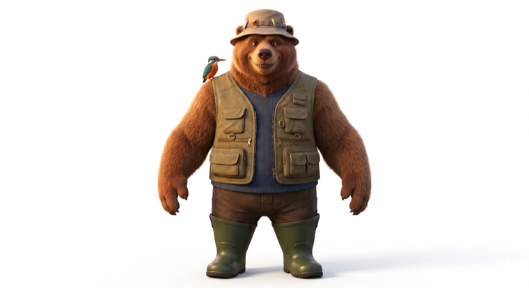 La mascotte de WildScore : un ours pêcheur en gilet et bottes, un martin-pêcheur sur l'épaule.